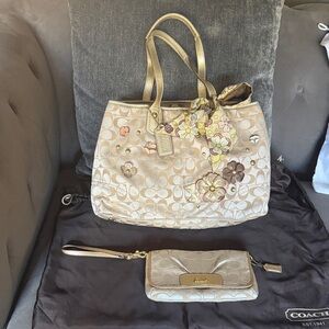 Coach Gold and Cream Floral Tote with Wristlet